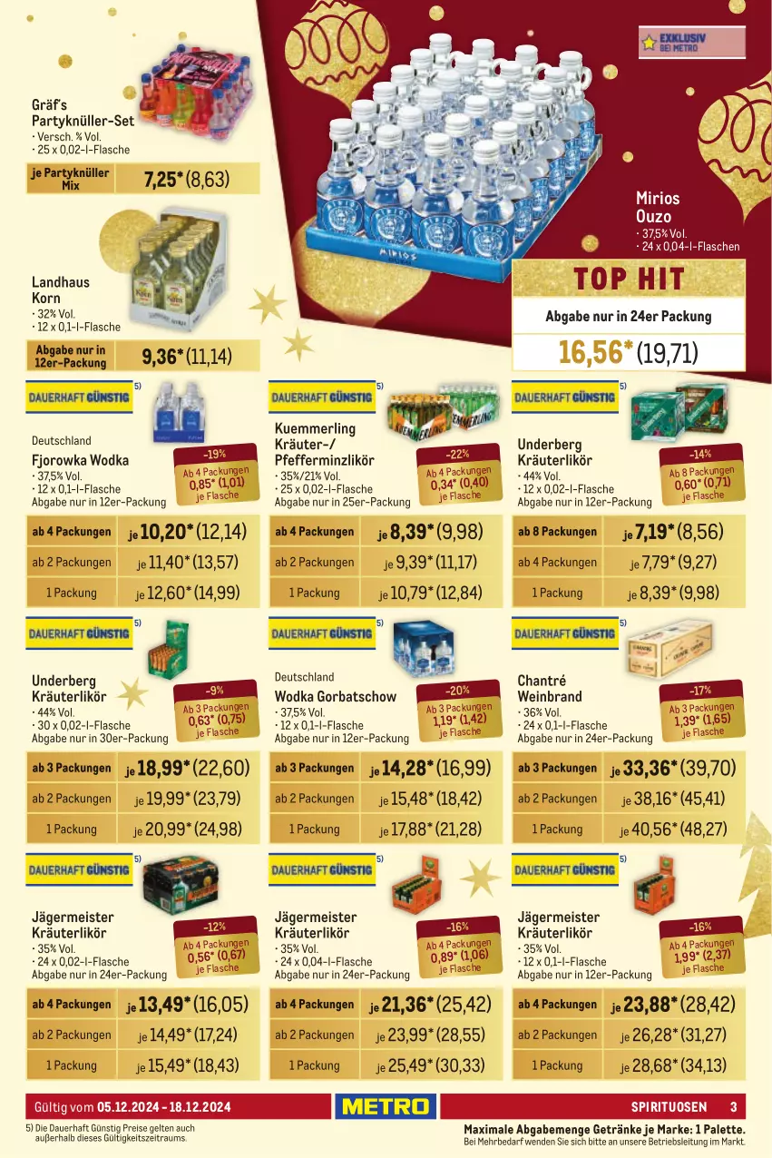 Aktueller Prospekt Metro - Händler Journal - von 05.12 bis 18.12.2024 - strona 3 - produkty: auer, chantré, eis, flasche, Germ, getränk, getränke, Gorbatschow, jägermeister, korn, kräuter, kräuterlikör, kuemmerling, likör, Meister, merl, ouzo, Palette, pfeffer, pfefferminzlikör, reis, spirituosen, Ti, underberg, wein, weinbrand, wodka