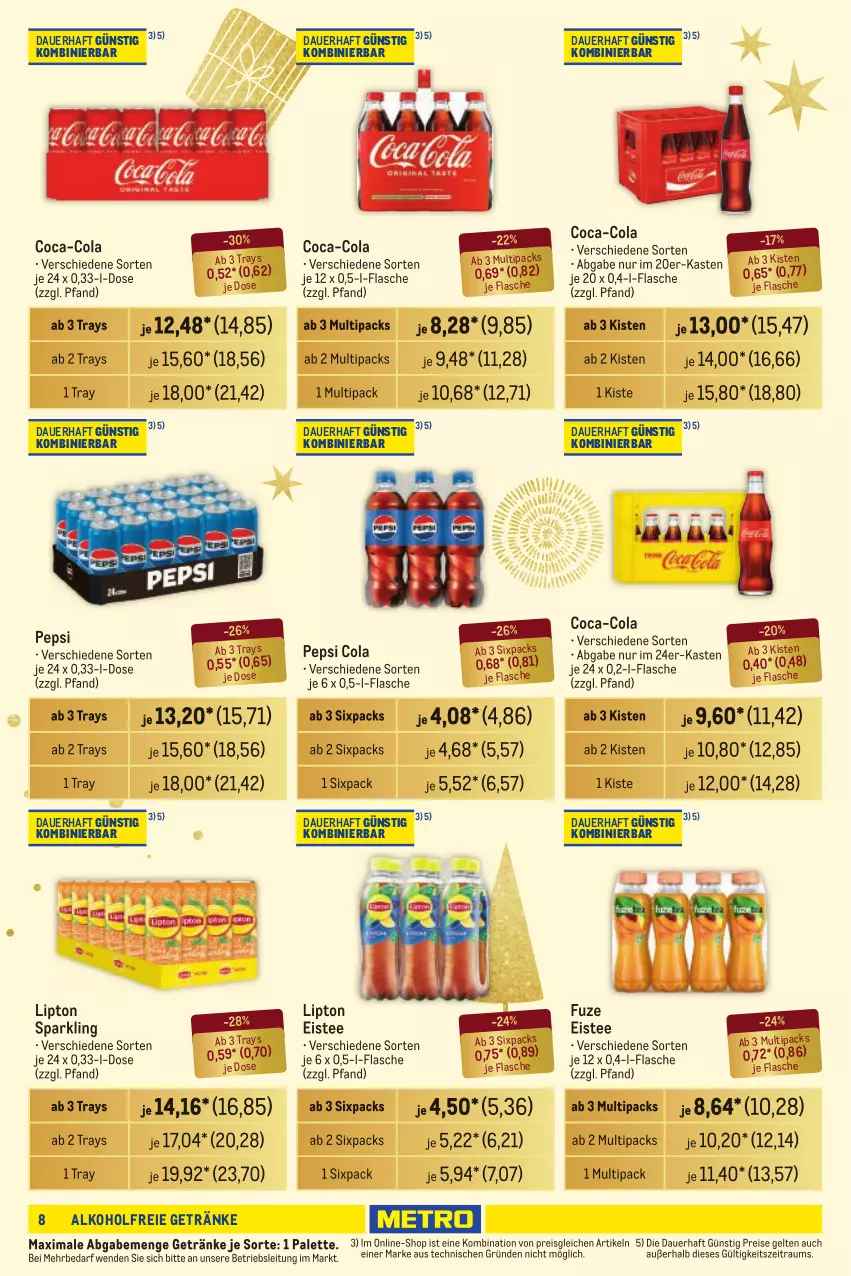 Aktueller Prospekt Metro - Händler Journal - von 05.12 bis 18.12.2024 - strona 8 - produkty: alkohol, alkoholfreie getränke, auer, coca-cola, cola, eis, eistee, flasche, getränk, getränke, lipton, Palette, pepsi, Pepsi Cola, reis, tee, Ti