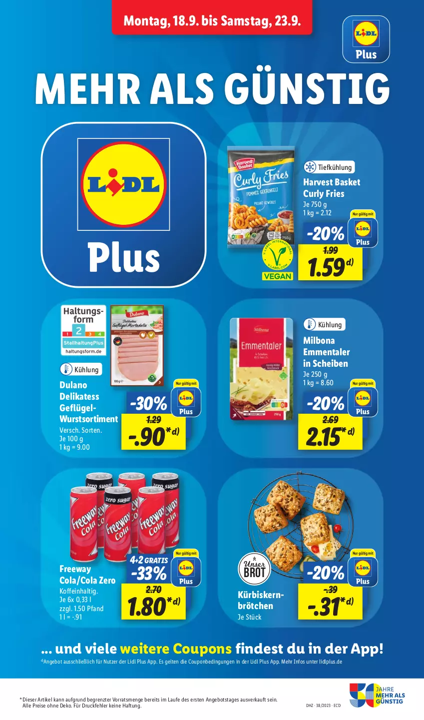 Aktueller Prospekt Lidl - Aktionsprospekt - von 18.09 bis 23.09.2023 - strona 17 - produkty: angebot, Bona, brot, brötchen, cola, coupon, coupons, dulano, eis, emmentaler, Geflügel, Kürbis, Kürbiskernbrötchen, Milbona, reis, Ti, wurst, ZTE