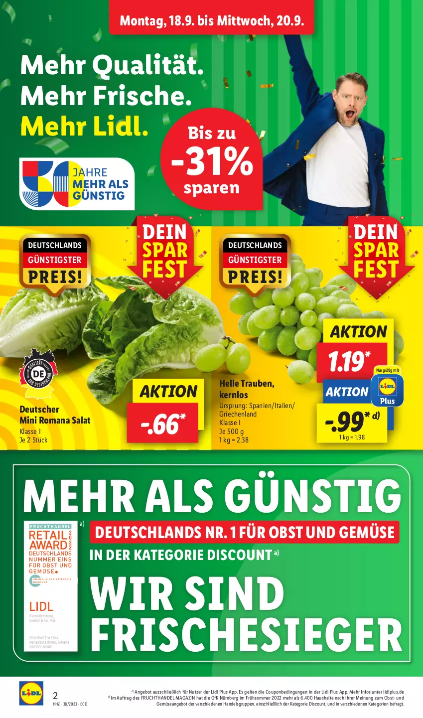 Aktueller Prospekt Lidl - Aktionsprospekt - von 18.09 bis 23.09.2023 - strona 2 - produkty: angebot, coupon, discount, eis, elle, ente, frucht, magazin, obst, Obst und Gemüse, reis, salat, Ti, trauben, und gemüse