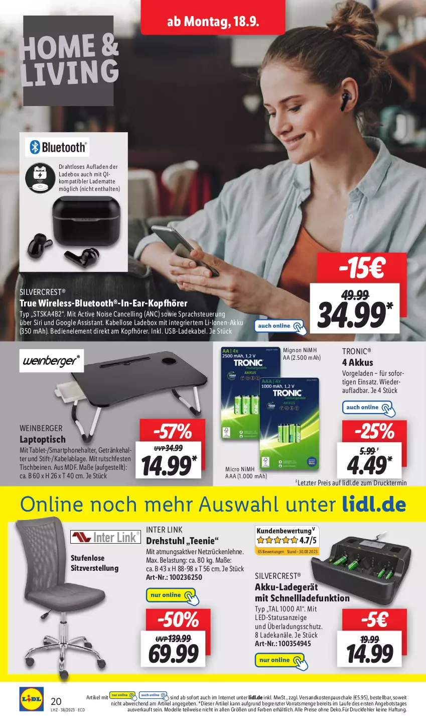 Aktueller Prospekt Lidl - Aktionsprospekt - von 18.09 bis 23.09.2023 - strona 26 - produkty: akku, angebot, Berger, deka, dell, Draht, drehstuhl, eis, elle, getränk, getränke, getränkehalter, in-ear-kopfhörer, kopfhörer, ladegerät, ladekabel, Laptop, Mode, ndk, reis, rel, Schal, Schale, schnellladefunktion, silvercrest, smartphone, stuhl, tablet, tee, Ti, tisch, usb, wein, ZTE