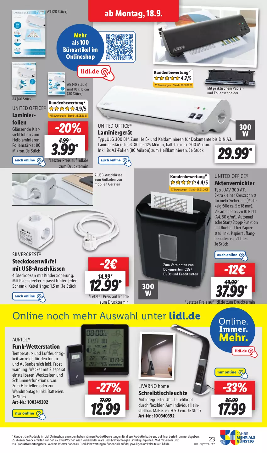 Aktueller Prospekt Lidl - Aktionsprospekt - von 18.09 bis 23.09.2023 - strona 29 - produkty: Aktenvernichter, auto, batterie, batterien, Behälter, dvd, eis, elle, ente, Kinder, lachs, leine, Leuchte, LG, office, papier, reis, Schrank, schreibtisch, silvercrest, steckdose, Ti, tisch, tischleuchte, uhr, usb, weck, Wetterstation, würfel, ZTE