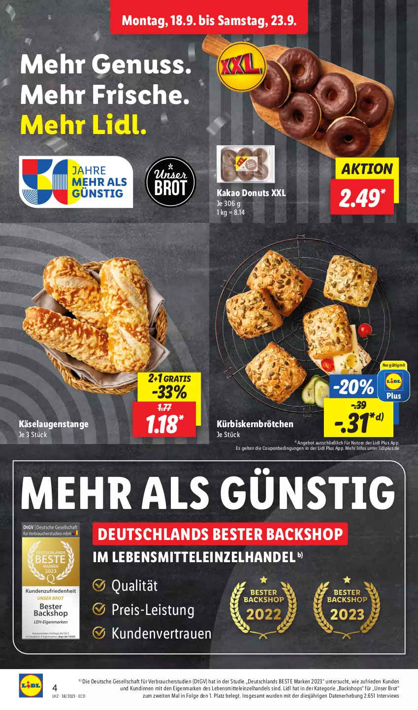 Aktueller Prospekt Lidl - Aktionsprospekt - von 18.09 bis 23.09.2023 - strona 4 - produkty: angebot, brot, brötchen, coupon, Donut, donuts, eis, kakao, Käse, Kürbis, Kürbiskernbrötchen, Laugenstange, lebensmittel, LG, nuss, Rauch, reis, Ti