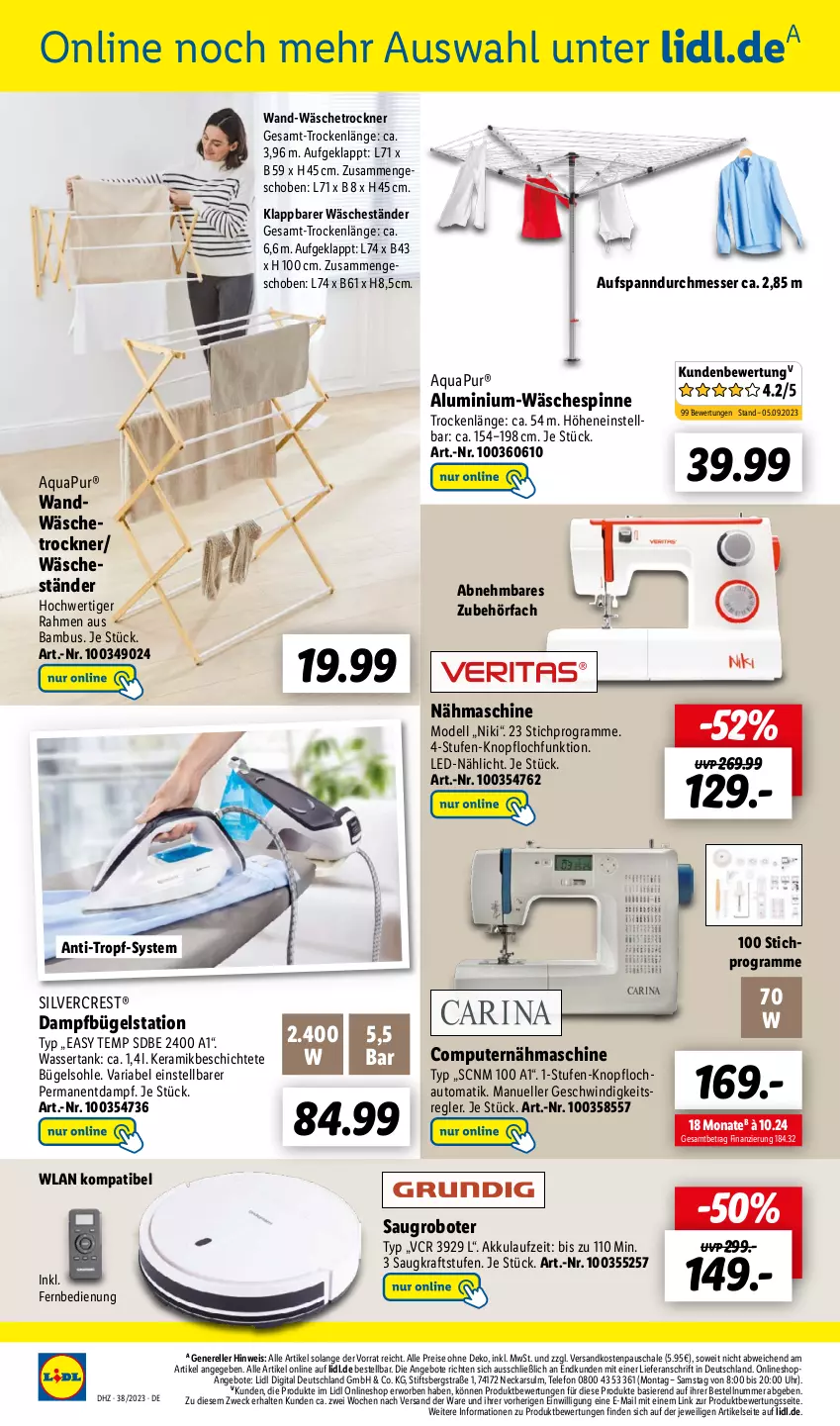 Aktueller Prospekt Lidl - Aktionsprospekt - von 18.09 bis 23.09.2023 - strona 44 - produkty: akku, angebot, angebote, aqua, AquaPur, auto, bambus, bügel, Bügelstation, computer, dampfbügelstation, dell, eis, elle, fernbedienung, HP, kraft, messer, Mode, Nähmaschine, ndk, pute, reis, rel, Ria, Saugroboter, Schal, Schale, silvercrest, telefon, Ti, Trockner, uhr, wäschespinne, wäschetrockner, wasser, wassertank, weck