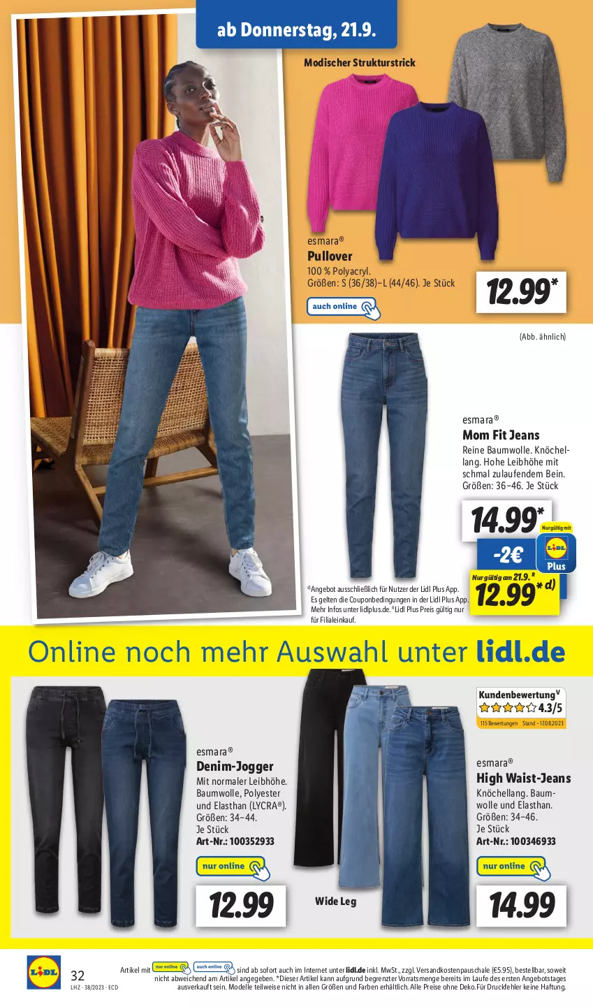 Aktueller Prospekt Lidl - Aktionsprospekt - von 18.09 bis 23.09.2023 - strona 46 - produkty: angebot, Bau, baumwolle, coupon, dell, eis, elle, esmara, hella, jeans, Laufen, Mode, ndk, Pullover, reine baumwolle, reis, Schal, Schale, Ti, wolle, ZTE