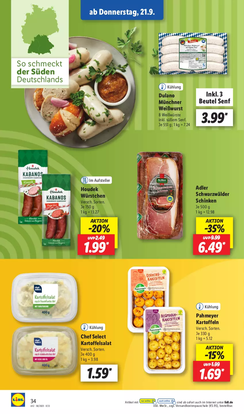 Aktueller Prospekt Lidl - Aktionsprospekt - von 18.09 bis 23.09.2023 - strona 48 - produkty: beutel, dulano, elle, houdek, kartoffel, kartoffeln, kartoffelsalat, ndk, salat, Schal, Schale, schinken, schwarzwälder schinken, senf, teller, Ti, Weißwurst, wurst, würstchen