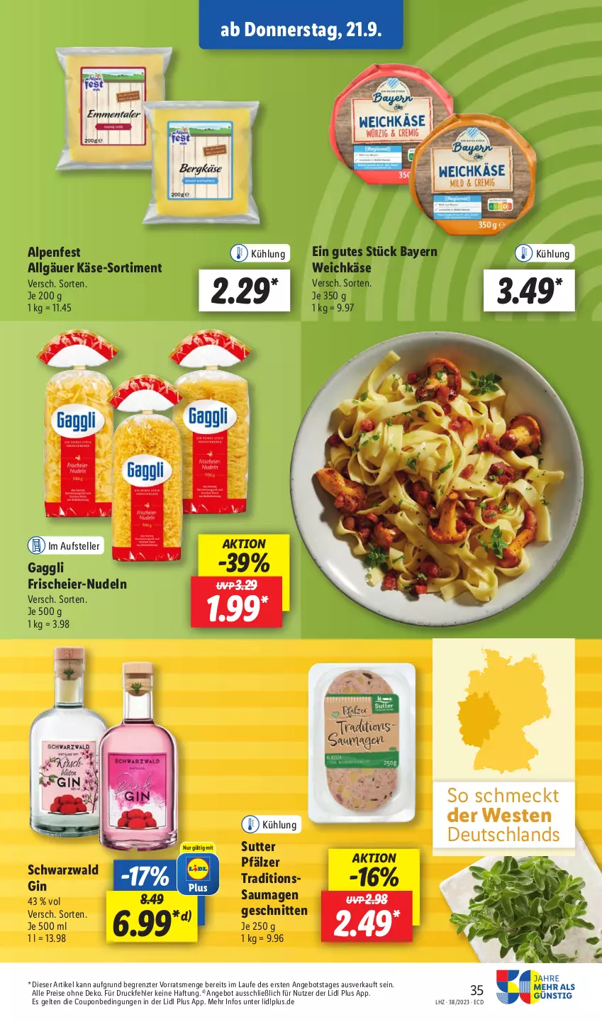 Aktueller Prospekt Lidl - Aktionsprospekt - von 18.09 bis 23.09.2023 - strona 49 - produkty: angebot, coupon, eier, eis, elle, gaggli, gin, Käse, LG, nudel, nudeln, reis, Saumagen, schnitten, teller, Ti, weichkäse, Weste, ZTE