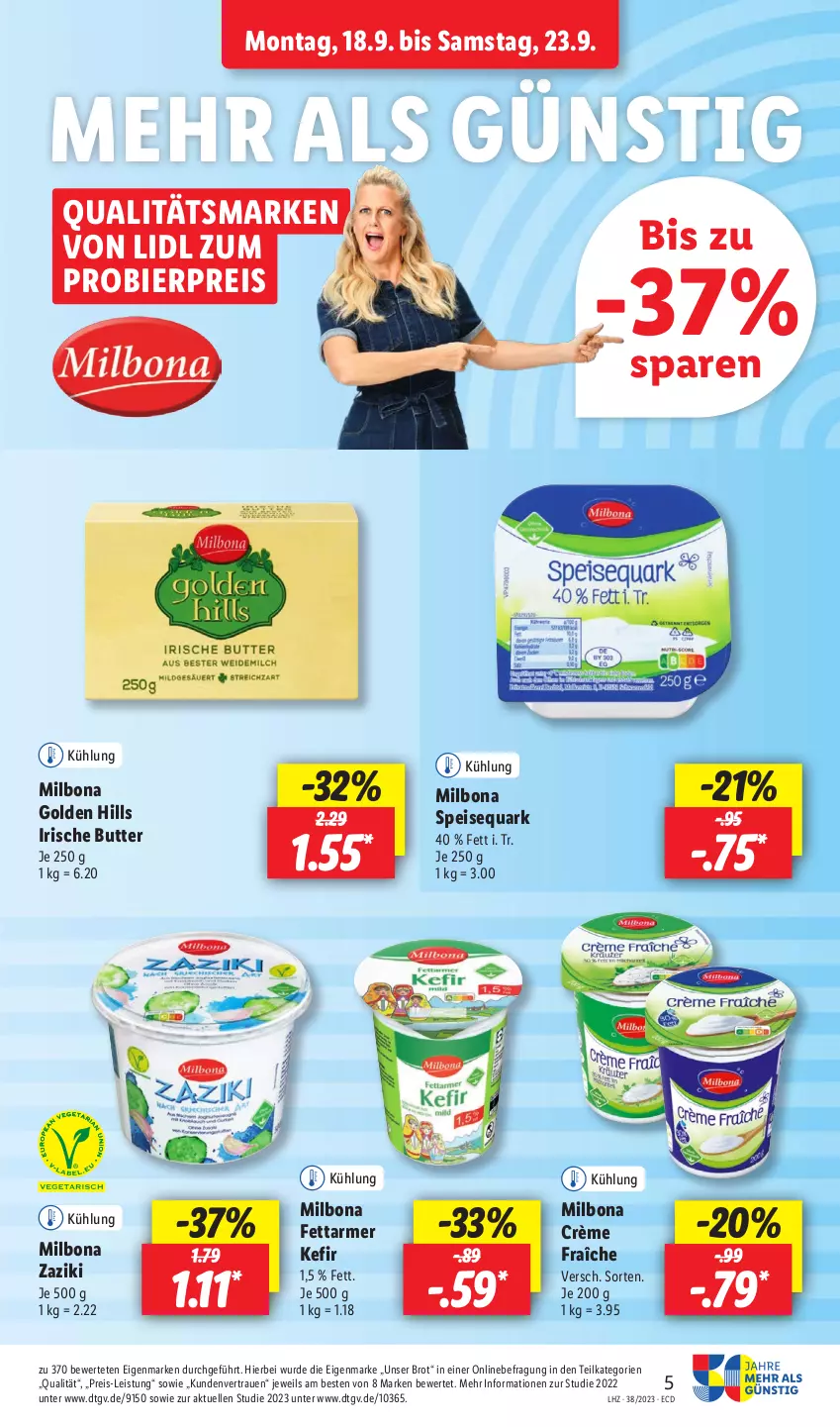 Aktueller Prospekt Lidl - Aktionsprospekt - von 18.09 bis 23.09.2023 - strona 5 - produkty: bier, Bona, brot, butter, crème fraîche, eis, elle, irische butter, Kefir, Milbona, quark, reis, speisequark, Ti, zaziki