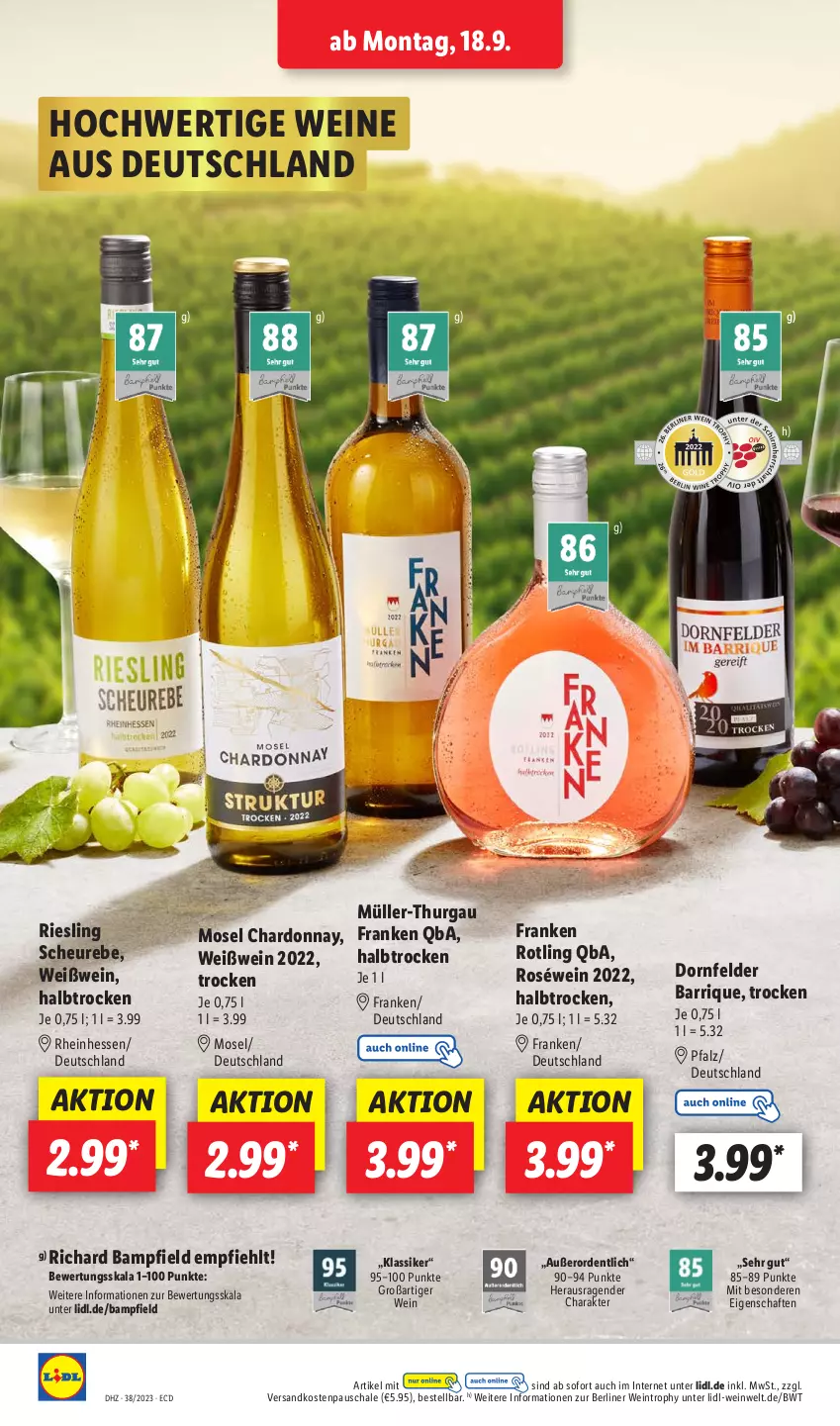 Aktueller Prospekt Lidl - Aktionsprospekt - von 18.09 bis 23.09.2023 - strona 52 - produkty: berliner, chardonnay, dornfelder, Heu, Müller, Müller-Thurgau, ndk, riesling, roséwein, Schal, Schale, Ti, wein, weine, Weißwein