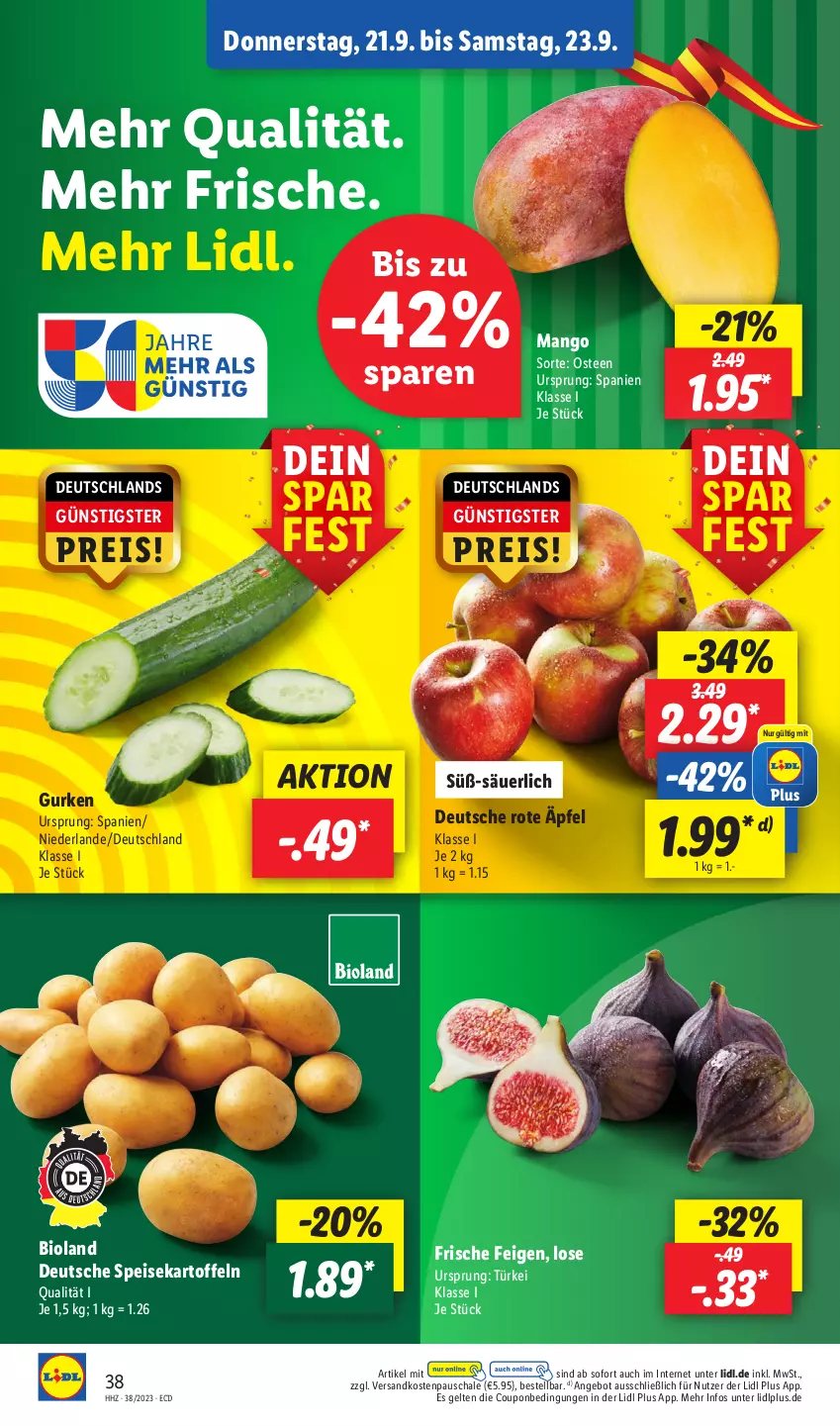 Aktueller Prospekt Lidl - Aktionsprospekt - von 18.09 bis 23.09.2023 - strona 54 - produkty: angebot, bio, bioland, coupon, eis, Feigen, gurke, gurken, kartoffel, kartoffeln, mango, ndk, reis, Schal, Schale, speisekartoffeln, tee, Ti