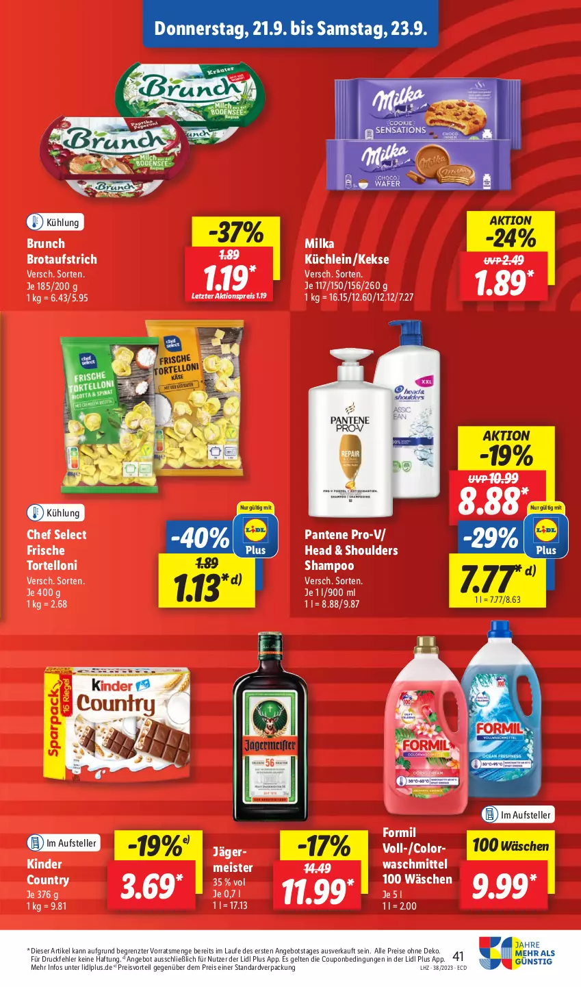 Aktueller Prospekt Lidl - Aktionsprospekt - von 18.09 bis 23.09.2023 - strona 57 - produkty: aktionspreis, angebot, aufstrich, brot, brotaufstrich, colorwaschmittel, coupon, eis, elle, Germ, jägermeister, keks, kekse, Kinder, kinder country, Meister, milka, pantene, pantene pro-v, preisvorteil, pro-v, reis, shampoo, teller, Ti, torte, tortelloni, waschmittel, ZTE