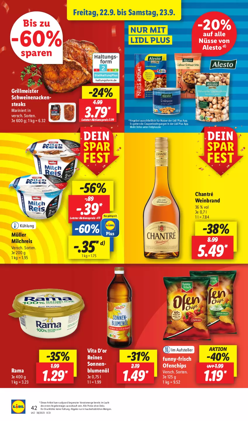 Aktueller Prospekt Lidl - Aktionsprospekt - von 18.09 bis 23.09.2023 - strona 58 - produkty: aktionspreis, alesto, angebot, blume, blumen, blumenöl, chantré, chips, coupon, drucker, eis, elle, Engel, funny-frisch, grill, kerze, Meister, milch, milchreis, Müller, Nackensteak, nackensteaks, Ofen, papier, rama, reis, schwein, schweine, schweinenacken, sonnenblume, sonnenblumen, sonnenblumenöl, steak, steaks, teller, Ti, vita, wein, weinbrand, weine, ZTE