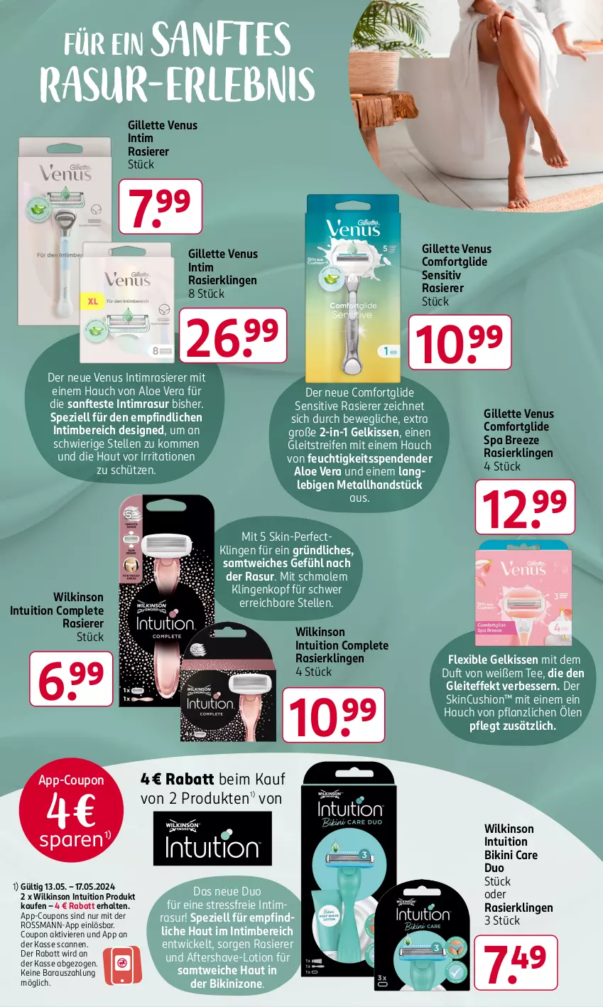 Aktueller Prospekt Rossmann - Prospekte - von 13.05 bis 17.05.2024 - strona 18 - produkty: aloe vera, bikini, bree, coupon, coupons, elle, gillette, gillette venus, kissen, Lotion, rasierer, Rasierklinge, rasierklingen, reifen, Schütze, Spezi, tee, Ti, venus, WICK, wilkinson