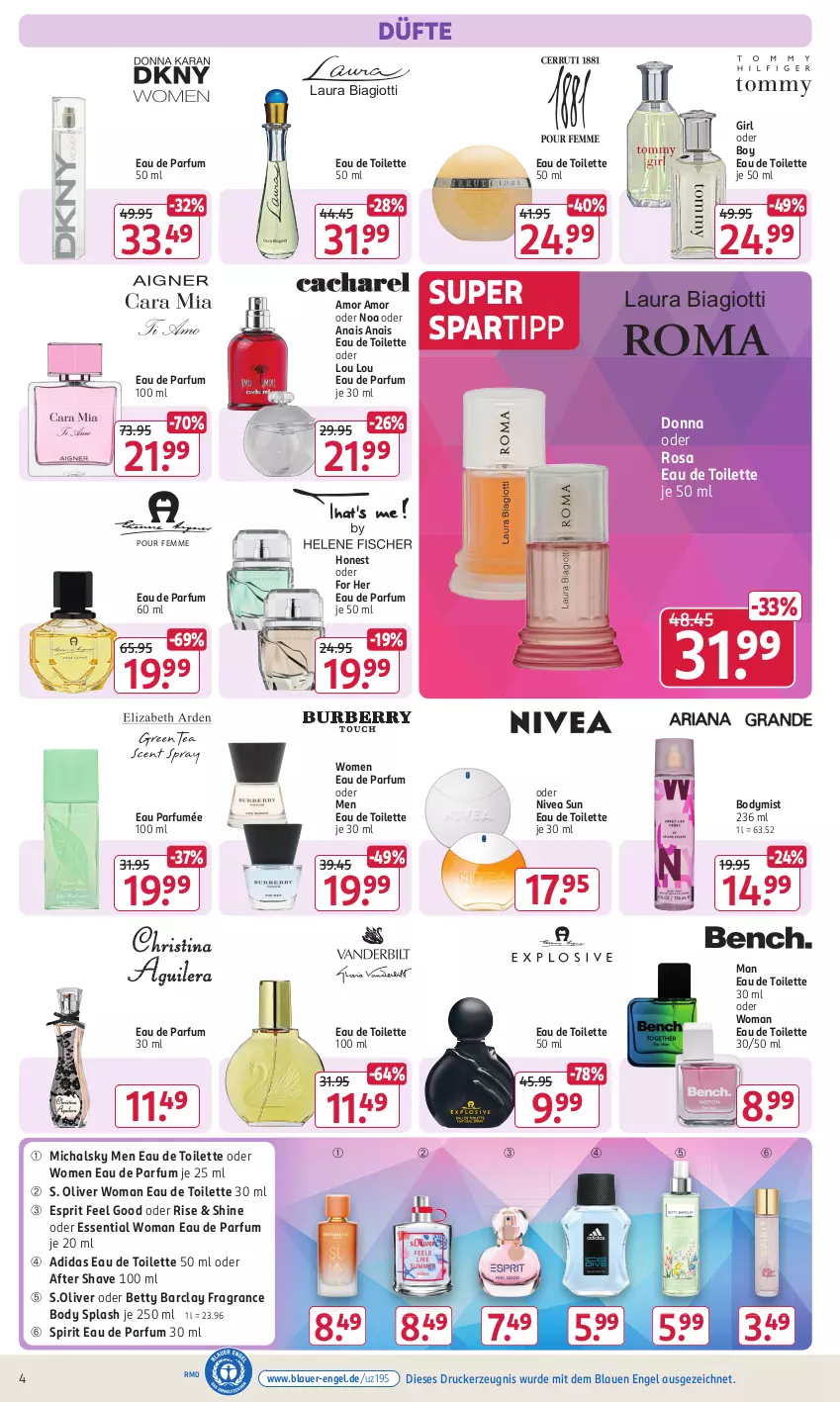 Aktueller Prospekt Rossmann - Prospekte - von 13.05 bis 17.05.2024 - strona 4 - produkty: Adidas, after shave, auer, bett, body, drucker, Eau de parfum, eau de parfum 30 ml, eau de parfum 50 ml, eau de toilette, eau de toilette 100 ml, eau de toilette 30 ml, eau de toilette 50 ml, Engel, esprit, kerze, laura biagiotti, nivea, nivea sun, olive, parfum, S. Oliver, s.oliver, spartipp, Ti