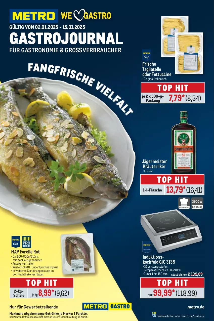 Aktueller Prospekt Metro - GastroJournal - von 02.01 bis 15.01.2025 - strona 1 - produkty: aqua, cin, eis, elle, fisch, fischtheke, flasche, forelle, Germ, getränk, getränke, gin, induktionskochfeld, jägermeister, kochfeld, kräuter, kräuterlikör, likör, Meister, Metro, Palette, Rauch, rel, Schal, Schale, tagliatelle, Ti, timer, tuc