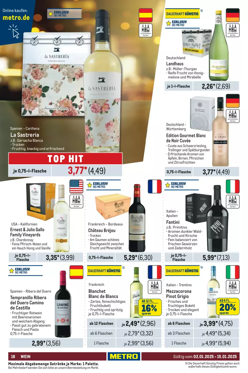 Aktueller Prospekt Metro - GastroJournal - von 02.01 bis 15.01.2025 - strona 18 - produkty: asti, auer, beere, beeren, Birnen, braten, burgunder, chardonnay, corona, cuvée, de blancs, eis, elle, flasche, fleisch, frucht, früchte, früchten, gallo, gallo family, getränk, getränke, gewürz, Holz, honig, honigmelone, kirsch, kirsche, melone, Metro, mezzacorona, Müller, Müller-Thurgau, Palette, pasta, pfirsich, pfirsiche, Pinot, pinot grigio, primitivo, reis, Ria, riesling, rotwein, schwarzriesling, spätburgunder, tempranillo, Ti, trolli, trollinger, vanille, wein