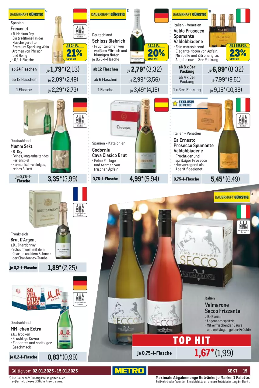 Aktueller Prospekt Metro - GastroJournal - von 02.01 bis 15.01.2025 - strona 19 - produkty: aperitif, auer, brut, Cava, chardonnay, cuvée, ecco, eis, elle, ernesto, flasche, freixenet, frizzante, frucht, früchte, getränk, getränke, honig, mac, mumm, Palette, perla, perlen, pfirsich, prosecco, puma, reis, sekt, spumante, Ti, valdo, wein, zitrone, zitronen