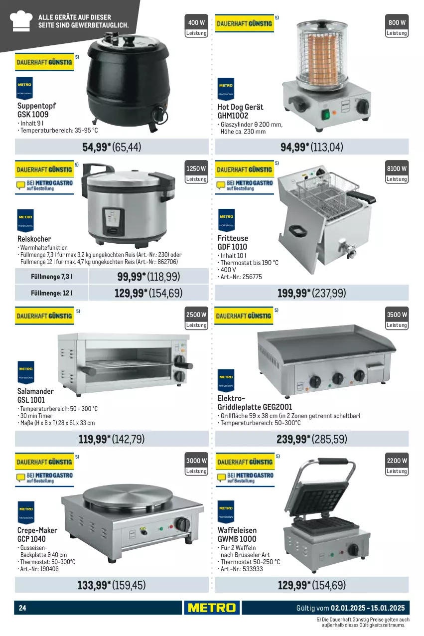 Aktueller Prospekt Metro - GastroJournal - von 02.01 bis 15.01.2025 - strona 24 - produkty: auer, eis, Elektro, fritteuse, grill, grillfläche, hot dog, Kocher, latte, reis, Schal, suppe, suppen, thermostat, Ti, timer, topf, Waffeleisen, waffeln