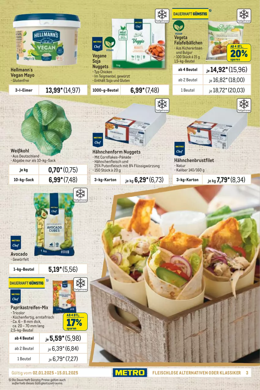 Aktueller Prospekt Metro - GastroJournal - von 02.01 bis 15.01.2025 - strona 3 - produkty: auer, avocado, beutel, brustfilet, bulgur, eimer, eis, erbsen, Falafel, filet, flakes, fleisch, gewürz, hähnchenbrust, hähnchenbrustfilet, Hähnchenfleisch, kichererbsen, küche, Küchen, LG, Mantel, natur, nuggets, paprika, pute, Putenfleisch, reifen, reis, sac, soja, Ti, Vegeta, Weißkohl, würfel, Yo