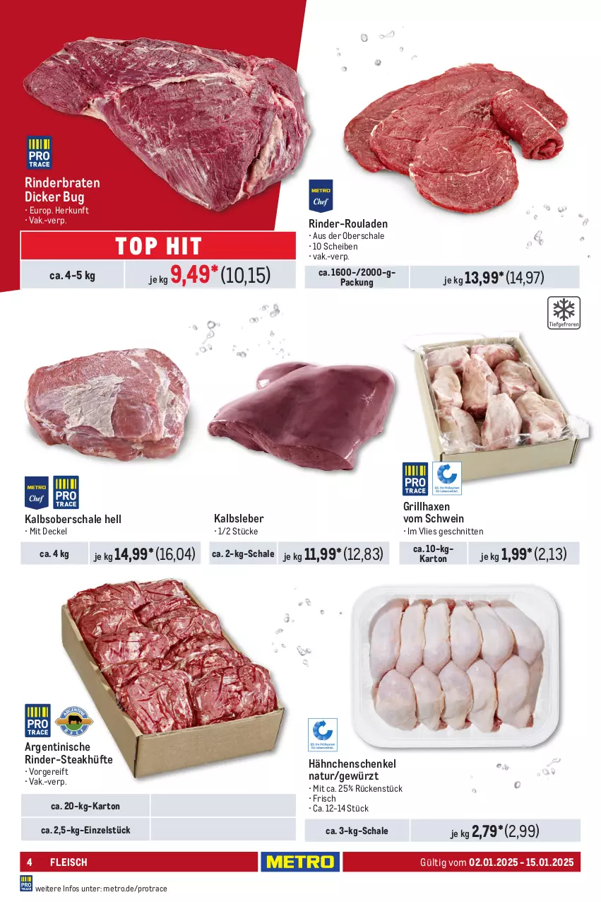 Aktueller Prospekt Metro - GastroJournal - von 02.01 bis 15.01.2025 - strona 4 - produkty: axe, braten, decke, Deckel, eis, fleisch, gewürz, grill, grillhaxe, hähnchenschenkel, Haxe, henkel, Kalbsleber, Metro, natur, rind, rinder, rinder-rouladen, rinderbraten, rouladen, Schal, Schale, schenkel, schnitten, schwein, steak, steakhüfte, Ti, wein