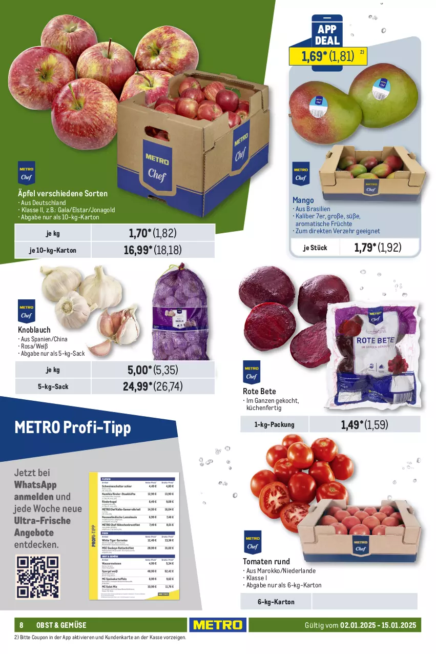 Aktueller Prospekt Metro - GastroJournal - von 02.01 bis 15.01.2025 - strona 8 - produkty: coupon, früchte, knoblauch, küche, Küchen, mango, Metro, obst, rote bete, sac, Ti, tisch, tomate, tomaten