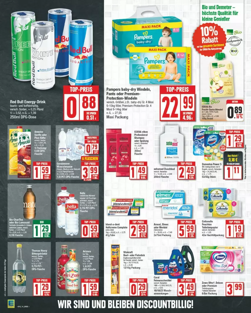 Aktueller Prospekt Edeka - Prospekte - von 04.03 bis 09.03.2024 - strona 14 - produkty: baby-dry, Bad, bio, cottonelle, deka, domestos, duschbad, eier, elkos, elle, elmex, flasche, kraft, leine, meridol, pampers, Pants, sebamed, spülung, tee, Ti, vita, vitakraft, windeln