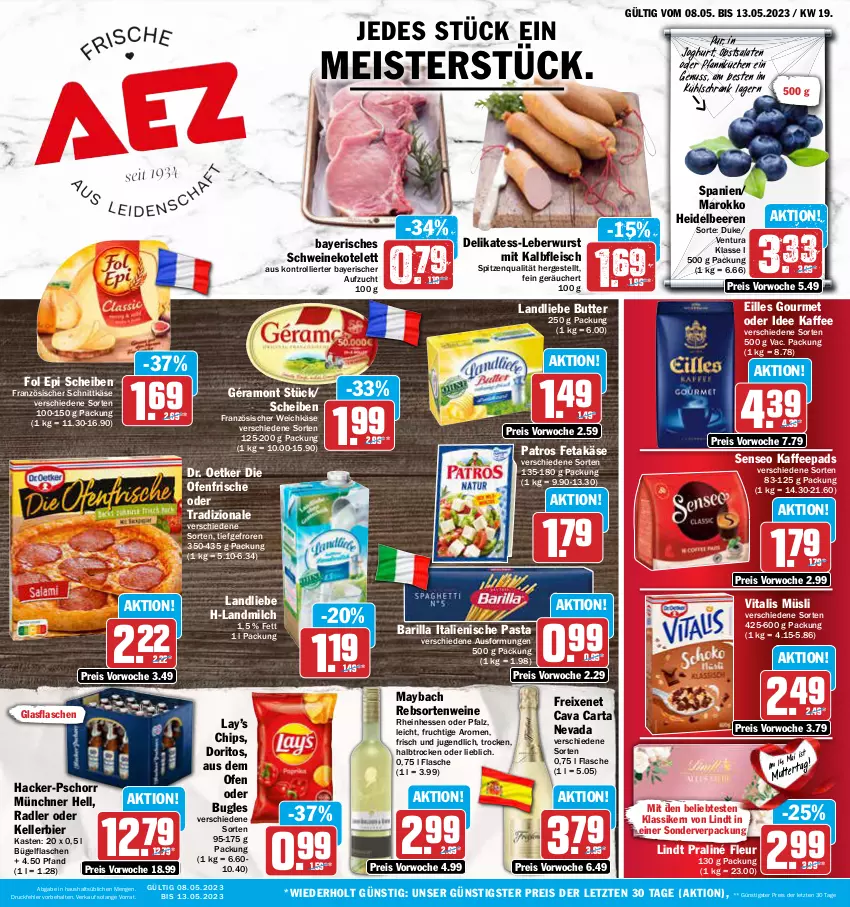 Aktueller Prospekt Aez - Prospekte - von 08.05 bis 13.05.2023 - strona 1 - produkty: barilla, beere, beeren, bier, bügel, bügelflasche, bugles, butter, Cava, chips, die ofenfrische, Doritos, Dr. Oetker, eilles gourmet, eis, elle, feta, flasche, fleisch, fol epi, französischer weichkäse, freixenet, frucht, géramont, glasflasche, heidelbeere, heidelbeeren, italienische pasta, joghur, joghurt, kaffee, kaffeepads, Kalbfleisch, Käse, kellerbier, kotelett, kuchen, kühlschrank, landliebe, landmilch, leberwurst, lindt, maybach, Meister, milch, mit kalbfleisch, müsli, nuss, obst, Ofen, pasta, patros, Pfannkuchen, radler, rebsortenweine, reis, salat, salate, schnittkäse, Schrank, schwein, schweine, schweinekotelett, senseo, spitzenqualität, Ti, tradizionale, trolli, vita, vitalis, vitalis müsli, weichkäse, wein, weine, wurst, ZTE