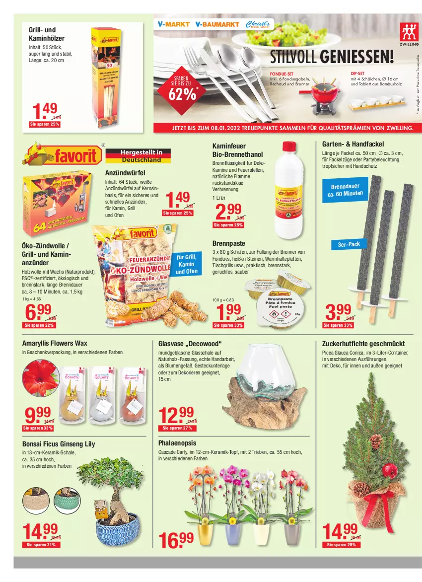 Aktueller Prospekt Vmarkt - V-Baumarkt - von 16.12 bis 22.12.2021 - strona 2 - produkty: anzünder, auer, bambus, beleuchtung, bio, blume, blumen, Brennpaste, Container, dip, eis, elle, Ficus, Flowers, Fondue, gabel, Garten, gin, grill, Holz, Kamin, lamm, latte, natur, Ofen, phalaenopsis, reis, Schal, Schale, tablet, tablett, Ti, tisch, tischgrill, topf, Vase, wolle, würfel, zucker