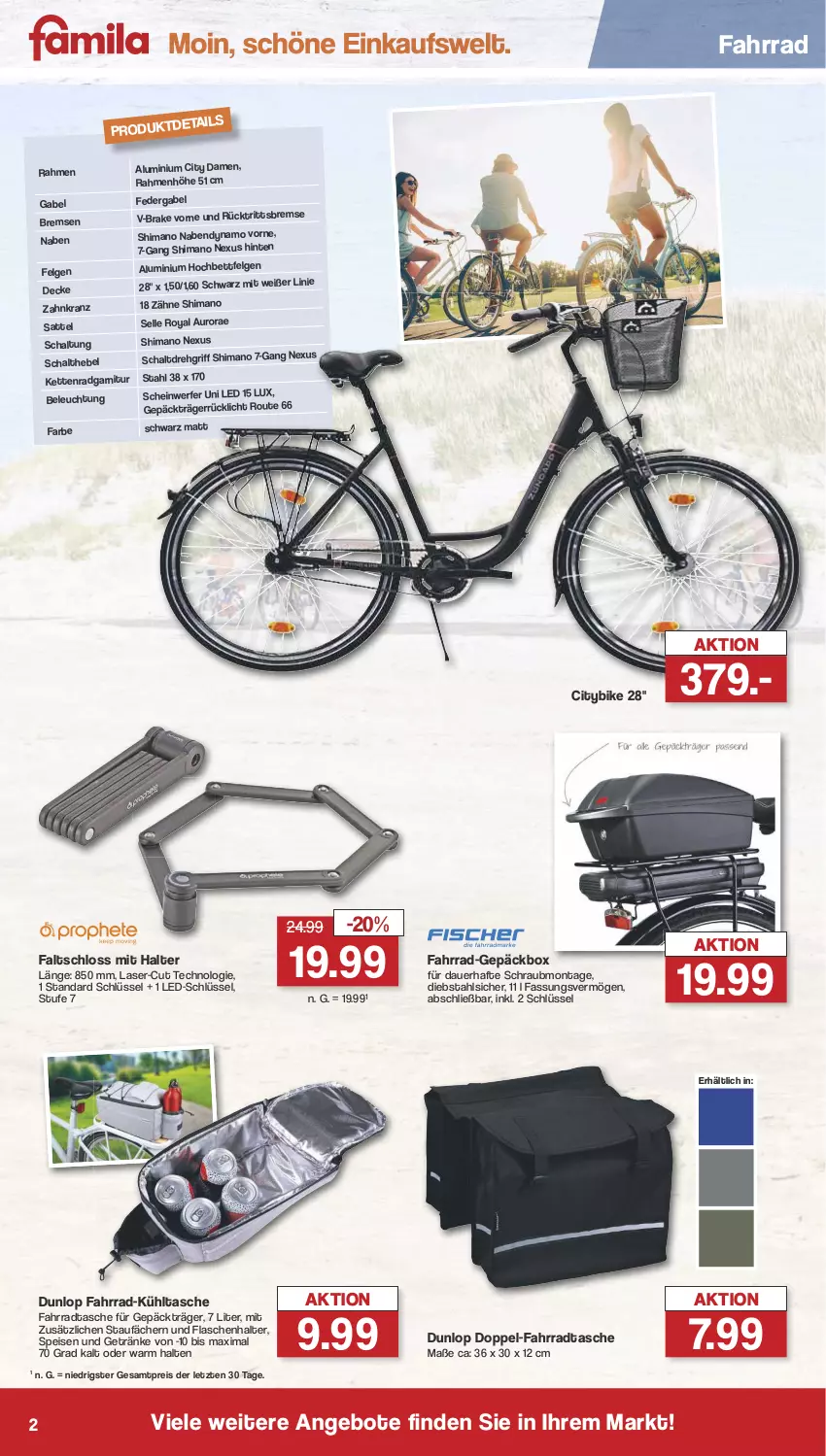 Aktueller Prospekt Famila - Prospekte - von 31.07 bis 05.08.2023 - strona 2 - produkty: angebot, angebote, auer, beleuchtung, bett, decke, dunlop, eis, elle, Fahrrad, Fahrradtasche, Faltschloss, felgen, flasche, gabel, garnitur, getränk, getränke, hochbett, Kette, Kranz, kühltasche, LG, nabendynamo, nexus, reis, rücklicht, sattel, Schal, shimano, Tasche, Ti, ZTE