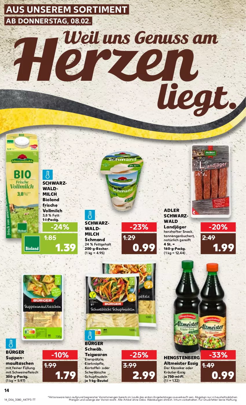 Aktueller Prospekt Kaufland - Prospekt - von 08.02 bis 14.02.2024 - strona 14 - produkty: angebot, Becher, beutel, bio, bioland, eier, eierspätzle, eis, essig, fleisch, hengstenberg, Hengstenberg Altmeister, kartoffel, kräuter, landjäger, maultaschen, Meister, milch, nudel, nudeln, nuss, oder kräuter, schmand, schwein, schweine, schweinefleisch, snack, suppe, suppen, Tasche, taschen, teigwaren, Ti, vollmilch, wein, weine, ZTE