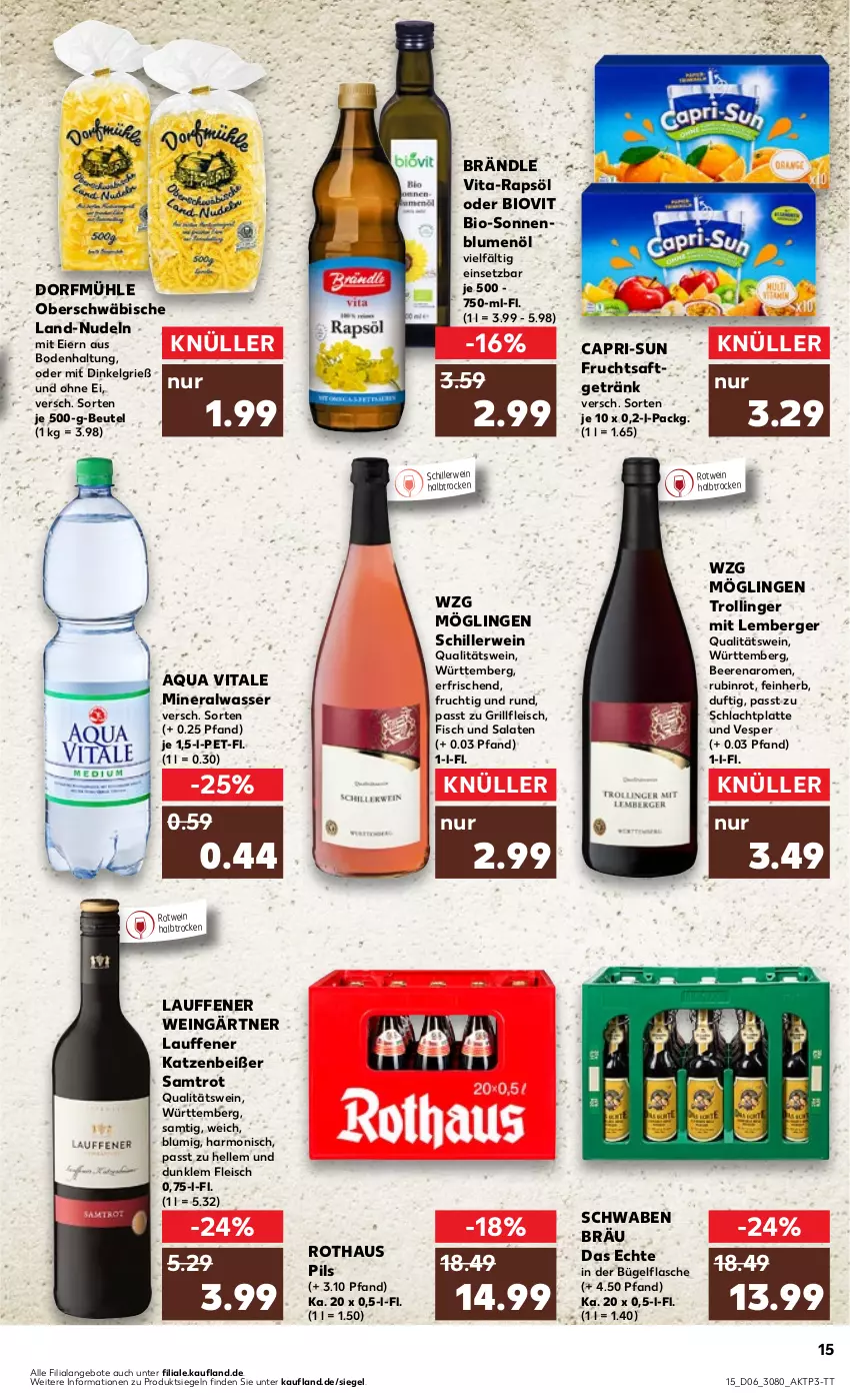 Aktueller Prospekt Kaufland - Prospekt - von 08.02 bis 14.02.2024 - strona 15 - produkty: Alwa, angebot, angebote, aqua, beere, beeren, Berger, beutel, bio, blume, blumen, blumenöl, bügel, bügelflasche, Cap, capri-sun, eier, eis, elle, fisch, flasche, fleisch, frucht, fruchtsaft, fruchtsaftgetränk, getränk, grill, latte, LG, mineralwasser, nudel, nudeln, pils, qualitätswein, rapsöl, rotwein, Rubin, rwe, saft, salat, salate, sonnenblume, sonnenblumen, sonnenblumenöl, Ti, trolli, trollinger, vita, wasser, wein