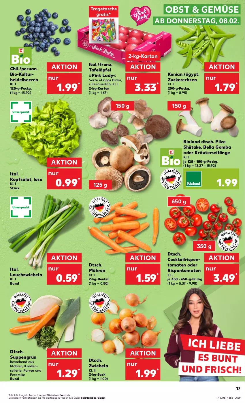 Aktueller Prospekt Kaufland - Prospekt - von 08.02 bis 14.02.2024 - strona 17 - produkty: angebot, angebote, beere, beeren, beutel, bio, bioland, cocktail, elle, erbsen, heidelbeere, heidelbeeren, kopfsalat, kräuter, Kräuterseitlinge, Lauchzwiebel, lauchzwiebeln, möhren, obst, oder kräuter, petersilie, pilze, Pink Lady, rispentomaten, sac, salat, suppe, suppen, tafeläpfel, Tasche, Ti, tomate, tomaten, tragetasche, zucker, zwiebel, zwiebeln