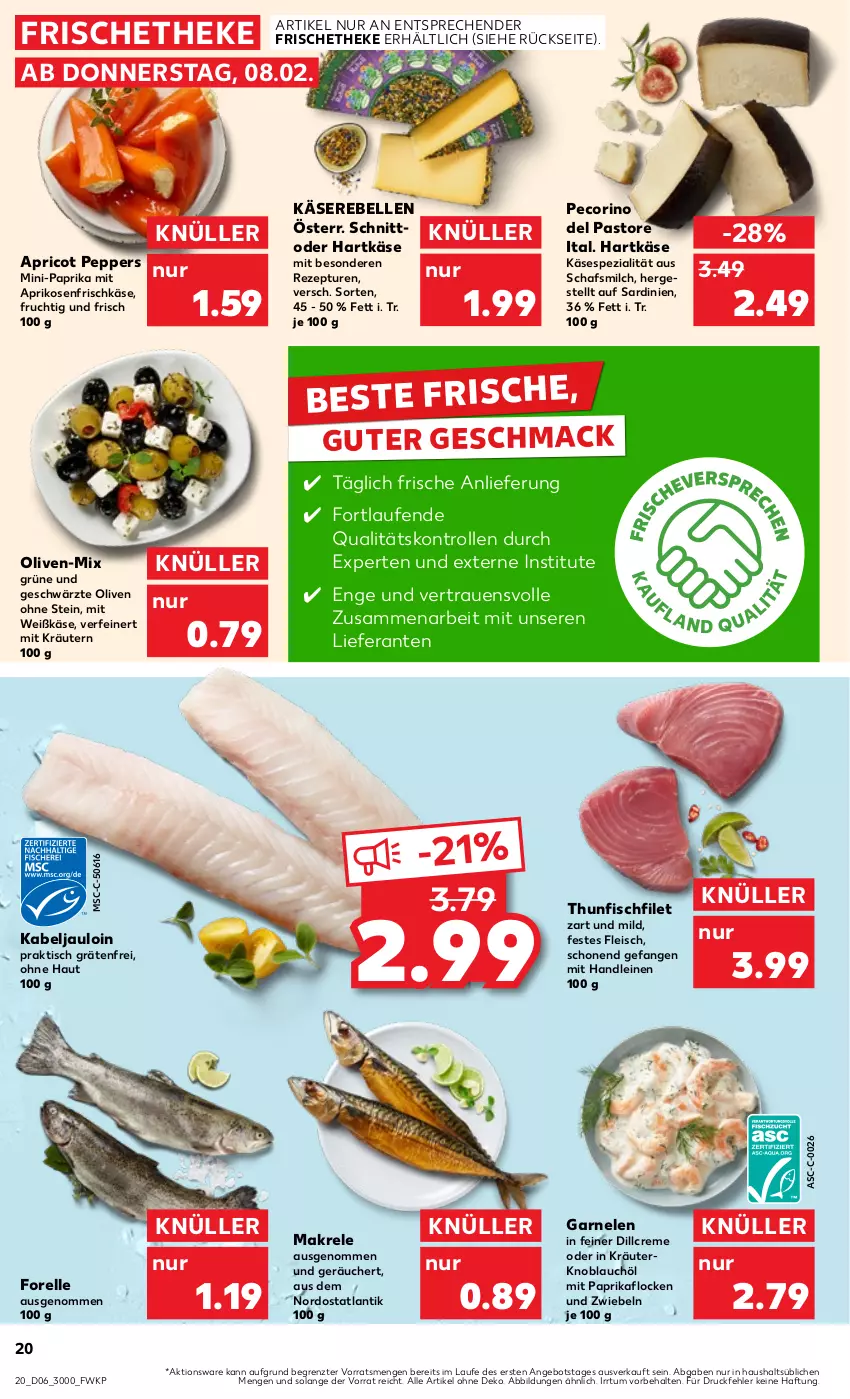 Aktueller Prospekt Kaufland - Prospekt - von 08.02 bis 14.02.2024 - strona 20 - produkty: angebot, aprikose, aprikosen, creme, eis, elle, filet, fisch, fleisch, forelle, frischkäse, frucht, garnelen, hartkäse, Käse, Käserebellen, knoblauch, kräuter, kräutern, Laufen, leine, mac, Makrele, milch, mit paprika, olive, oliven, paprika, Pecorino, rebell, rel, rezept, senf, Spezi, thunfisch, Ti, tisch, ZTE, zwiebel, zwiebeln