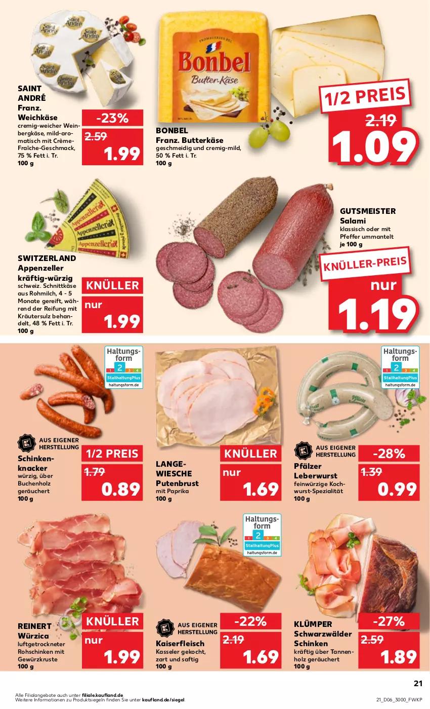 Aktueller Prospekt Kaufland - Prospekt - von 08.02 bis 14.02.2024 - strona 21 - produkty: angebot, angebote, appenzeller, Bergkäse, bonbel, buch, butter, butterkäse, eis, elle, fleisch, gewürz, Holz, Kaiser, Käse, kasseler, knacker, kräuter, leberwurst, mac, Mantel, Meister, milch, mit paprika, paprika, pfeffer, pute, putenbrust, reinert, reis, rohschinken, saft, salami, schinken, schnittkäse, schwarzwälder schinken, Spezi, Ti, tisch, weichkäse, wein, wurst