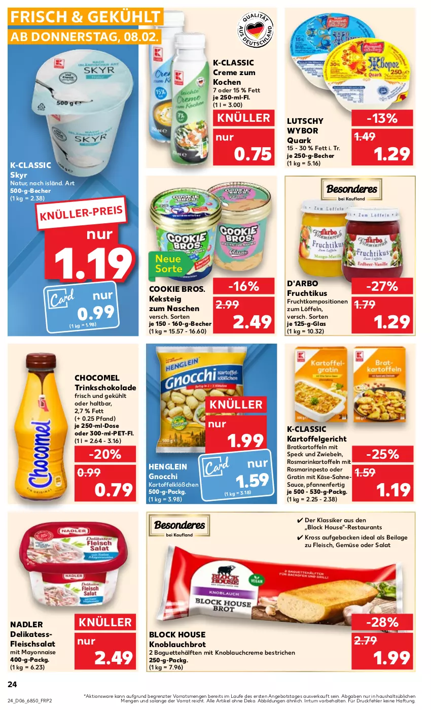 Aktueller Prospekt Kaufland - Prospekt - von 08.02 bis 14.02.2024 - strona 24 - produkty: angebot, baguette, Becher, brot, cookie, creme, eis, fleisch, fleischsalat, frucht, geback, gnocchi, henglein, ilag, kartoffel, kartoffeln, Käse, keks, knoblauch, Knoblauchcreme, LG, Löffel, mayonnaise, mit knoblauch, nadler, natur, pesto, pfanne, pfannen, quark, rosmarin, sahne, salat, sauce, schoko, schokolade, Skyr, Speck, Ti, Yo, ZTE, zwiebel, zwiebeln