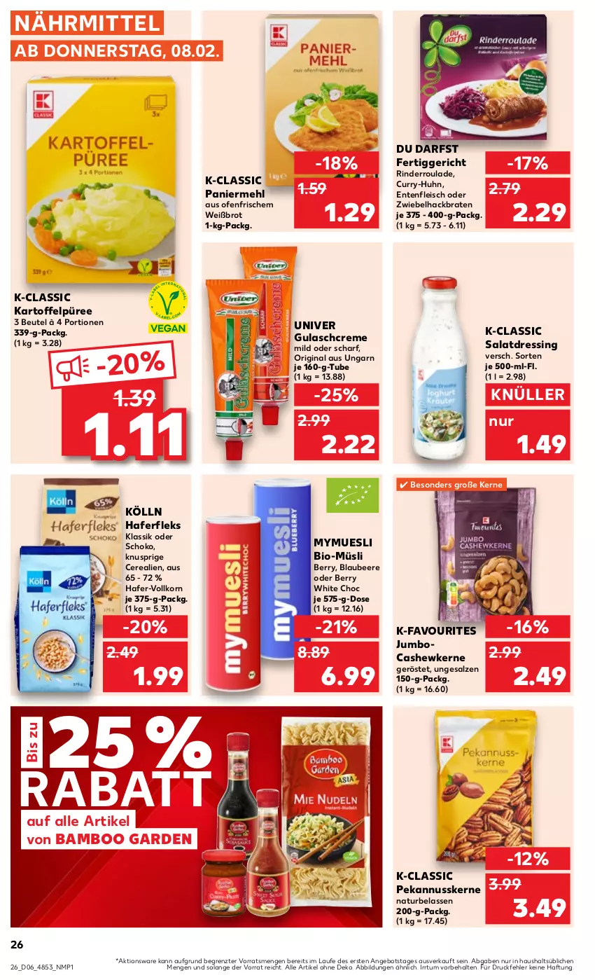 Aktueller Prospekt Kaufland - Prospekt - von 08.02 bis 14.02.2024 - strona 26 - produkty: angebot, bamboo, beere, beutel, bio, Blaubeer, blaubeere, braten, brot, Cashew, cashewkerne, cerealien, creme, curry, dressing, eis, ente, fertiggericht, fleisch, gin, gulasch, Gulaschcreme, hafer, haferfleks, jumbo, kartoffel, Kartoffelpüree, kölln, korn, mehl, müsli, natur, nuss, Ofen, Paniermehl, püree, rind, rinder, Rinderroulade, salat, salatdressing, salz, schoko, Ti, ZTE, zwiebel