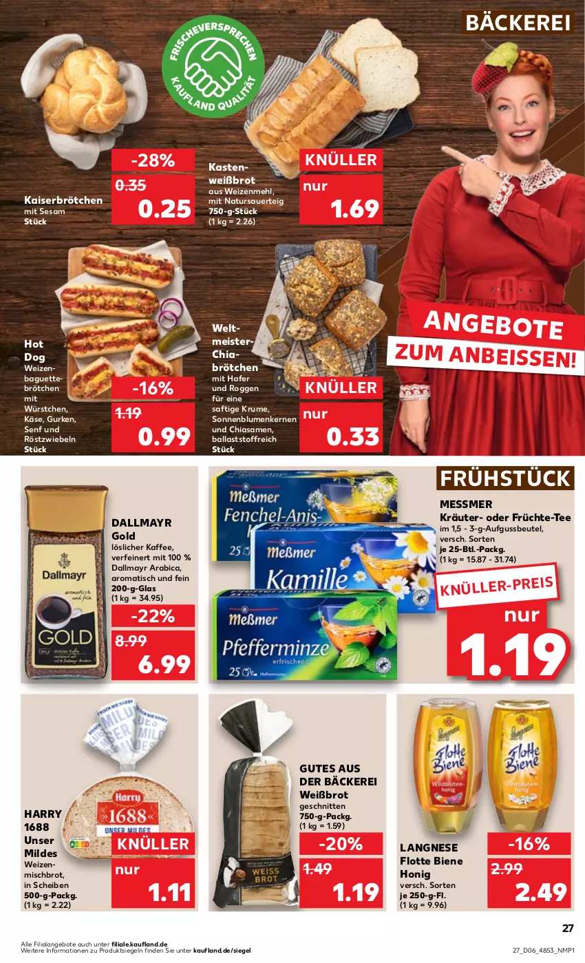 Aktueller Prospekt Kaufland - Prospekt - von 08.02 bis 14.02.2024 - strona 27 - produkty: angebot, angebote, auer, baguette, ball, beutel, blume, blumen, brot, brötchen, chia, dallmayr, dallmayr gold, eis, früchte, gurke, gurken, hafer, honig, hot dog, kaffee, Kaiser, Käse, kräuter, langnese, löslicher kaffee, mehl, Meister, mit würstchen, natur, röstzwiebeln, rum, saft, schnitten, senf, sesam, sonnenblume, sonnenblumen, Sonnenblumenkerne, sonnenblumenkernen, tee, Ti, tisch, weizenmehl, weizenmischbrot, würstchen, zwiebel, zwiebeln