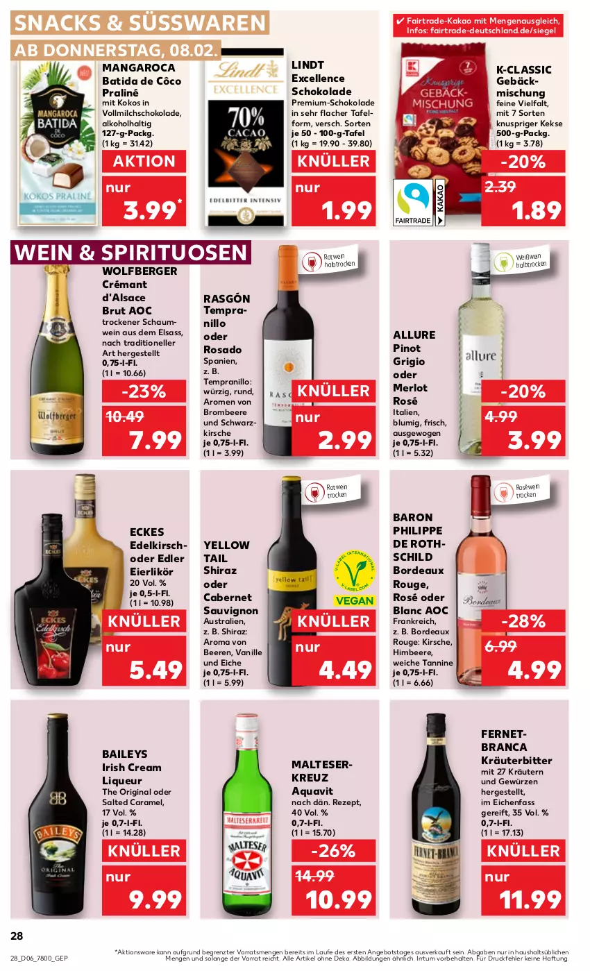 Aktueller Prospekt Kaufland - Prospekt - von 08.02 bis 14.02.2024 - strona 28 - produkty: alkohol, angebot, aqua, aquavit, aust, baileys, batida, batida de côco, beere, beeren, Berger, brombeere, brut, cabernet, cabernet sauvignon, caramel, eier, eierlikör, elle, Fernet, gebäckmischung, gewürz, gin, himbeer, himbeere, irish cream, kakao, keks, kekse, kirsch, kirsche, kokos, kräuter, kräutern, likör, lindt, liqueur, malteser, mangaroca, merl, merlot, milch, Pinot, pinot grigio, rezept, roséwein, rotwein, rouge, sac, sauvignon, schoko, schokolade, snack, snacks, spirituosen, süsswaren, tempranillo, Ti, vanille, vollmilch, wein, Weißwein, yellow tail, ZTE