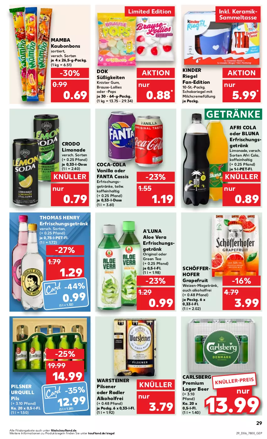 Aktueller Prospekt Kaufland - Prospekt - von 08.02 bis 14.02.2024 - strona 29 - produkty: Afri Cola, alkohol, aloe vera, angebot, angebote, bonbons, brause, carlsberg, cassis, coca-cola, cola, creme, eis, erfrischungsgetränk, erfrischungsgetränke, fanta, getränk, getränke, gin, grapefruit, green tea, Kinder, kinder riegel, limo, limonade, mam, milch, Mixgetränk, oder radler, pils, pilsener, pilsner, pilsner urquell, radler, riegel, schöfferhofer, schoko, schokoriegel, steiner, tasse, thomas henry, Ti, warsteiner