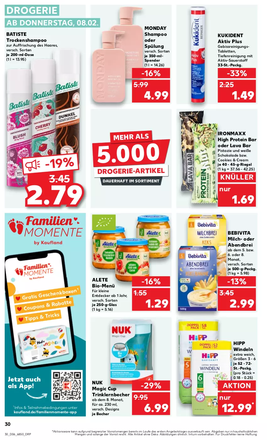 Aktueller Prospekt Kaufland - Prospekt - von 08.02 bis 14.02.2024 - strona 30 - produkty: angebot, auer, bebivita, Becher, bio, Brei, cookie, cookies, coupon, coupons, decke, drogerie-artikel, ente, hipp, Kukident, leine, milch, nuk, Reinigung, riegel, schoko, schokolade, shampoo, shampoo oder spülung, spülung, tablet, tablett, Tablette, Ti, Trockenshampoo, vita, Weiße Schokolade, windeln, ZTE