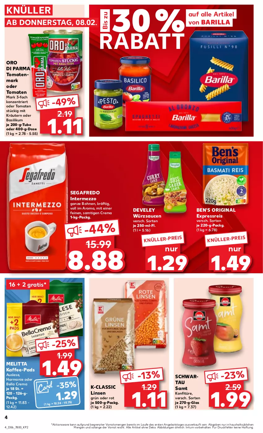 Aktueller Prospekt Kaufland - Prospekt - von 08.02 bis 14.02.2024 - strona 4 - produkty: angebot, barilla, basilikum, bella crema, bohne, bohnen, develey, eis, gin, intermezzo, kaffee, kaffee-pads, konfitüre, kräuter, kräutern, linsen, melitta, oro di parma, reis, sauce, saucen, Schwartau, Segafredo, Ti, tomate, tomaten, tomatenmark, würzsauce, würzsaucen, ZTE