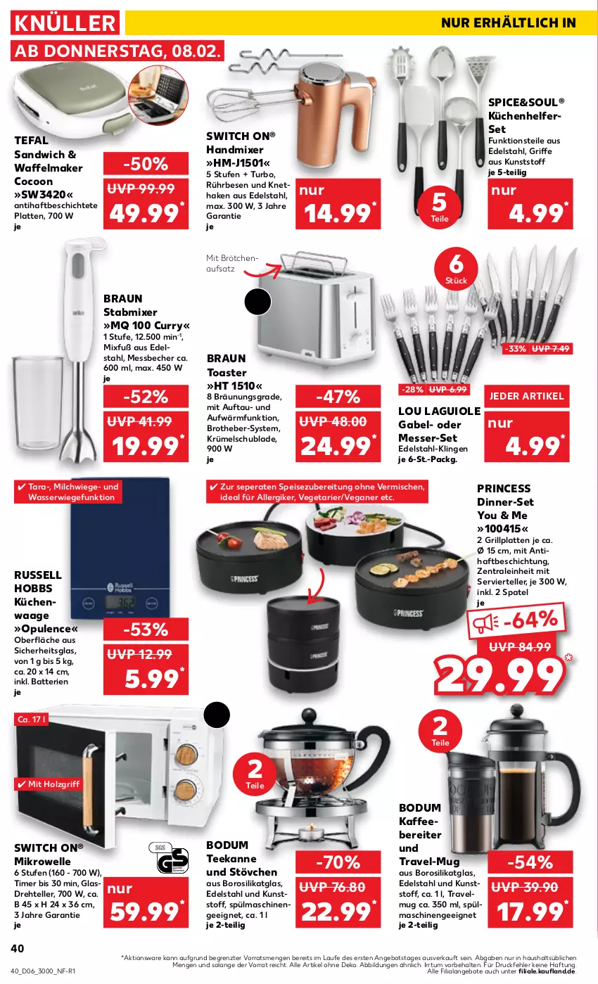 Aktueller Prospekt Kaufland - Prospekt - von 08.02 bis 14.02.2024 - strona 40 - produkty: angebot, angebote, batterie, batterien, Becher, bodum, braun, brot, brötchen, brötchenaufsatz, curry, edelstahl, eis, elle, gabel, gefu, grill, grillplatte, handmixer, Holz, kaffee, kaffeebereiter, küche, Küchen, Küchenhelfer, Küchenwaage, latte, Messbecher, messer, mikrowelle, milch, Mixer, russell hobbs, sandwich, spülmaschinen, stabmixer, tee, teekanne, tefal, teller, Ti, timer, toast, toaster, Vegeta, Waage, wasser, Yo, ZTE