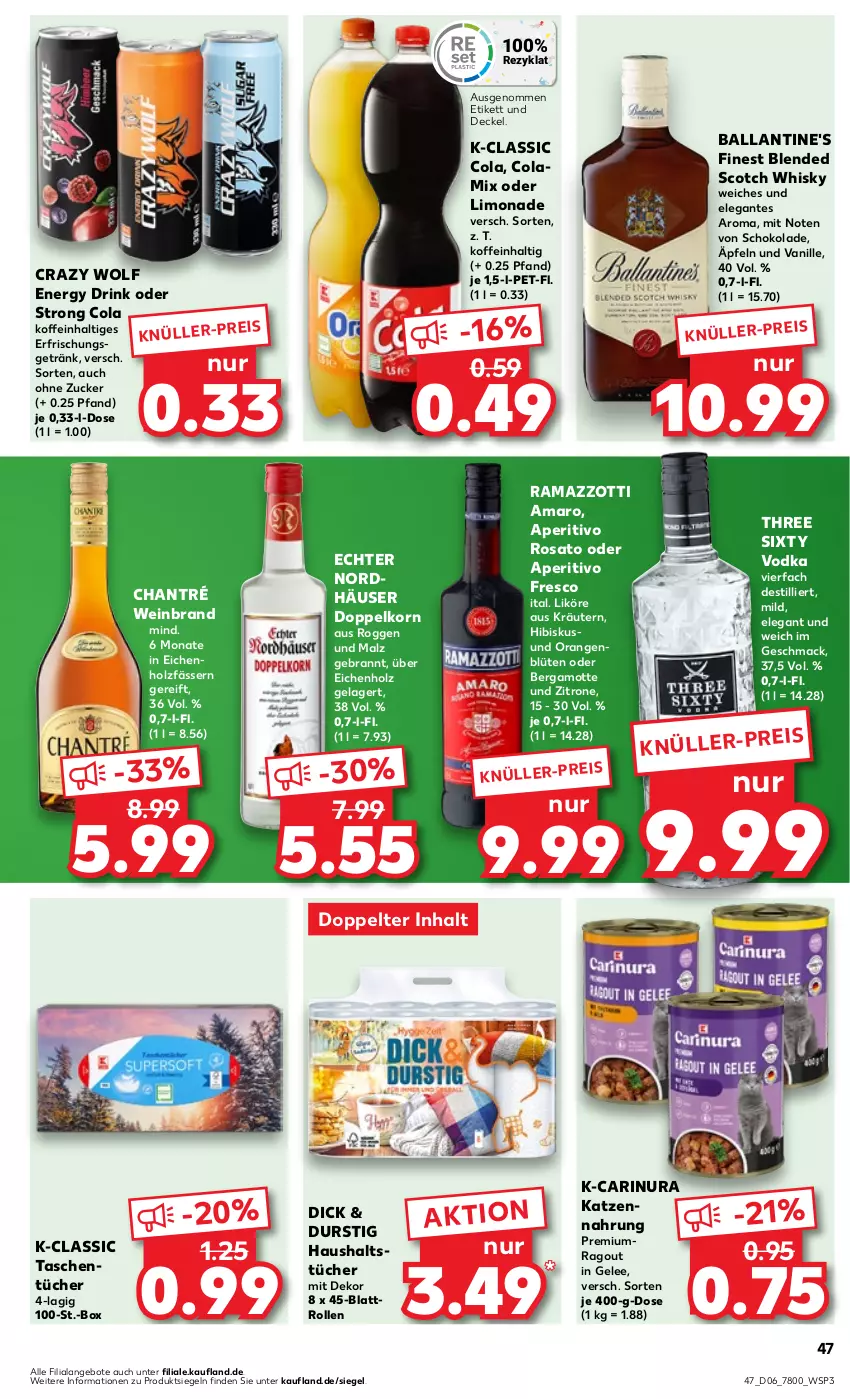 Aktueller Prospekt Kaufland - Prospekt - von 08.02 bis 14.02.2024 - strona 47 - produkty: amaro, angebot, angebote, aperitivo rosato, ball, Ballantine's, Bergamotte, blended scotch, blended scotch whisky, Blüte, chantré, cola, decke, Deckel, doppelkorn, drink, eis, energy drink, gelee, getränk, haushaltstücher, Holz, katzennahrung, korn, kräuter, kräutern, likör, limo, limonade, mac, malz, orange, orangen, Ragout, rama, ramazzott, ramazzotti, rosato, schoko, schokolade, scotch, scotch whisky, Tasche, taschen, taschentücher, Three Sixty, Ti, tücher, vanille, vodka, wein, weinbrand, whisky, zitrone, zott, zucker