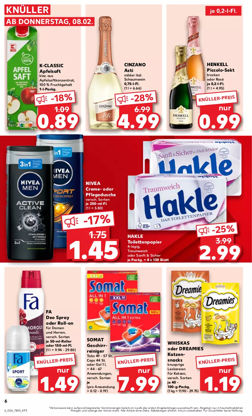 Aktueller Prospekt Kaufland - Prospekt - von 08.02 bis 14.02.2024 - strona 6 - produkty: angebot, apfel, apfelsaft, asti, Cap, cin, cinzano, Cinzano Asti, creme, deo, deo spray, dreamies, dusche, eis, frucht, geschirr, hakle, hakle toilettenpapier, henkel, henkell, katzensnack, katzensnacks, nivea, papier, pflegedusche, reiniger, roll-on, Roller, saft, sekt, snack, snacks, somat, Ti, toilettenpapier, wein, whiskas, ZTE