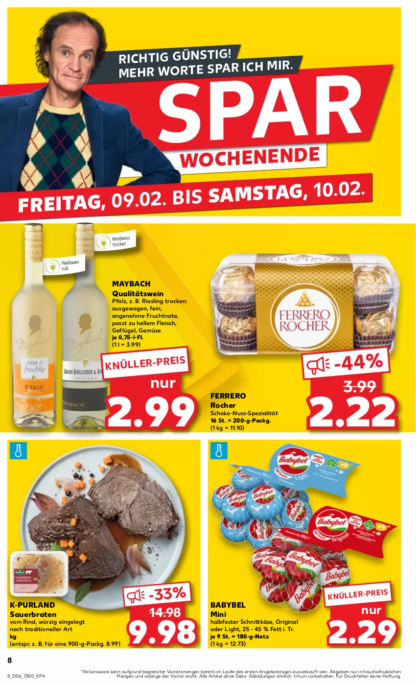 Aktueller Prospekt Kaufland - Prospekt - von 08.02 bis 14.02.2024 - strona 8 - produkty: angebot, auer, babybel, braten, eis, elle, ferrero, Ferrero Rocher, fleisch, frucht, Geflügel, gin, halbfester schnittkäse, Käse, maybach, nuss, purland, qualitätswein, riesling, rind, schnittkäse, schoko, Spezi, Ti, wein, Weißwein, ZTE