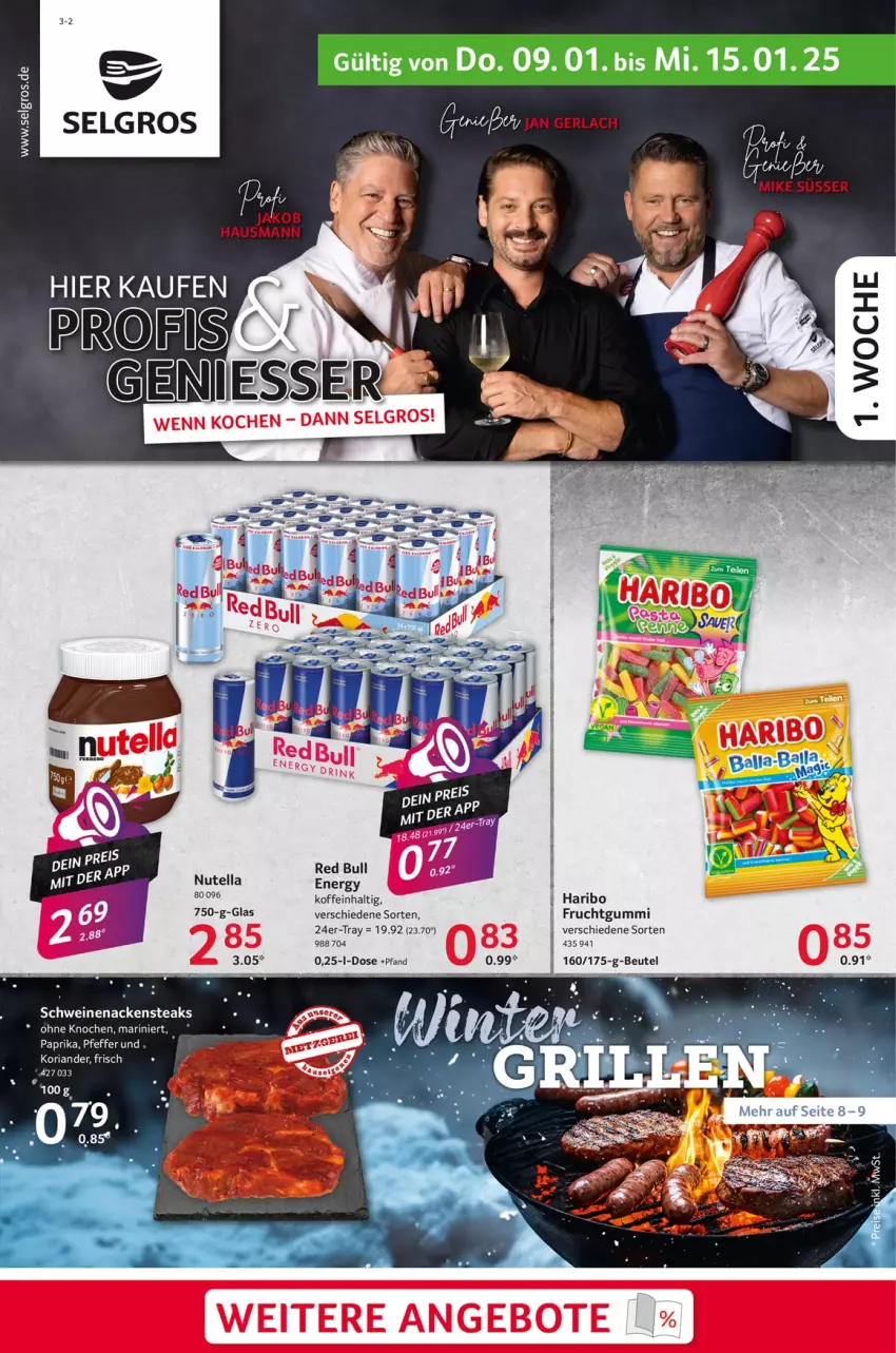 Aktueller Prospekt Selgros - Food - von 09.01 bis 15.01.2025 - strona 1 - produkty: beutel, frucht, fruchtgummi, haribo, Koriander, LG, Nackensteak, nackensteaks, nutella, red bull, Ria, schwein, schweine, schweinenacken, steak, steaks, Ti, wein, weine