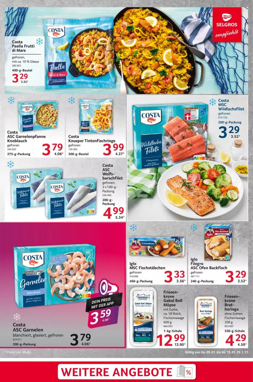 Aktueller Prospekt Selgros - Food - von 09.01 bis 15.01.2025 - strona 11 - produkty: backfisch, beutel, filegro, filet, fisch, fische, fischstäbchen, frutti di mare, gabel, garnelen, gurke, hering, iglo, knoblauch, krone, lachs, lachsfilet, Ofen, paella, pfanne, ring, Schal, Schale, Ti, Tintenfischringe, Waage, Wild, wildlachs