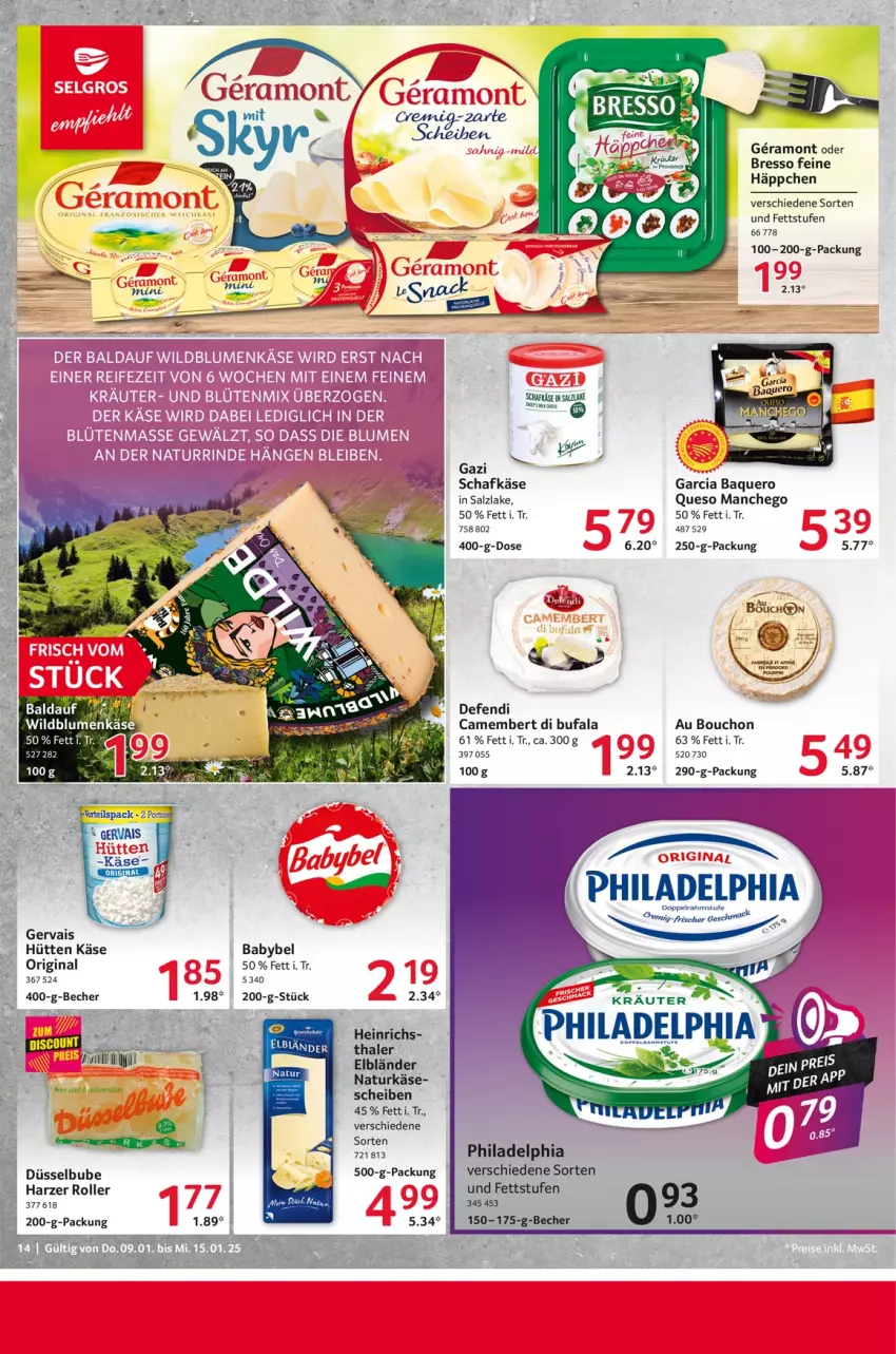 Aktueller Prospekt Selgros - Food - von 09.01 bis 15.01.2025 - strona 14 - produkty: babybel, Becher, blume, blumen, bresso, camembert, di bufala, doppelrahmstufe, gervais, gin, Käse, Manchego, natur, philadelphia, Roller, salz, schafkäse, snack, Ti, Wild, Wildblumenkäse