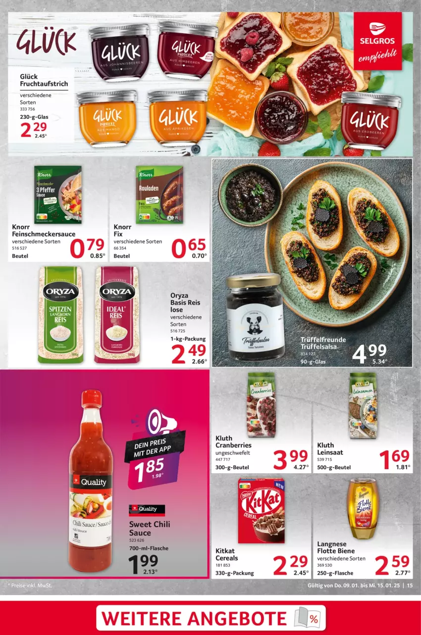 Aktueller Prospekt Selgros - Food - von 09.01 bis 15.01.2025 - strona 15 - produkty: aufstrich, banane, beere, beeren, beutel, cereals, chili, cranberries, eis, feinschmecker, flasche, frucht, fruchtaufstrich, himbeer, himbeere, himbeeren, kitkat, knorr, oryza, reis, rouladen, Salsa, sauce, Trüffel