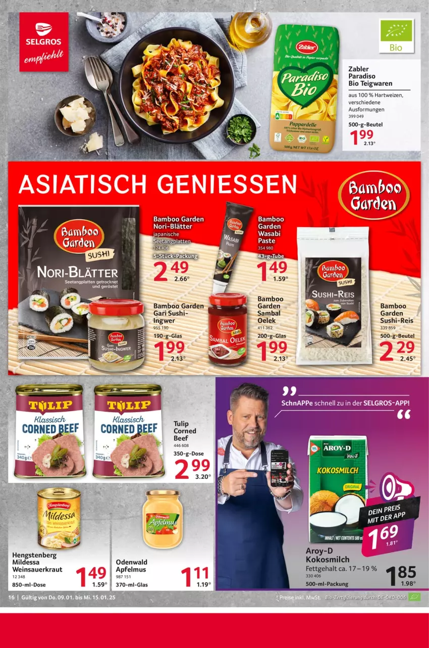 Aktueller Prospekt Selgros - Food - von 09.01 bis 15.01.2025 - strona 16 - produkty: apfel, apfelmus, auer, bamboo, beef, beutel, bio, corned beef, eis, hartweizen, ingwer, kokos, kokosmilch, Kraut, LG, milch, odenwald, reis, Sauerkraut, Sushi, teigwaren, tulip, wein, Weinsauerkraut, Zabler